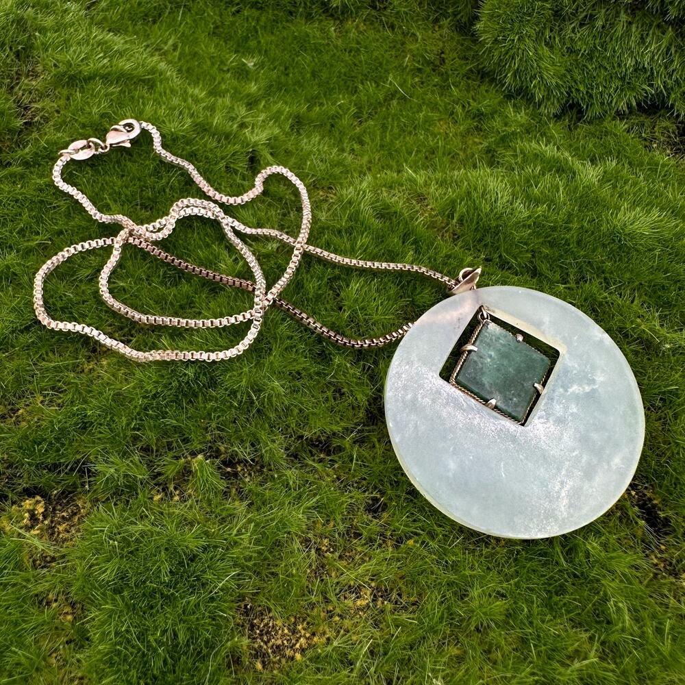 Vintage Modernist Silver Jade Pendant Necklace Mid Century Geometric